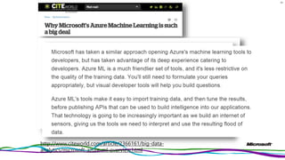98
http://www.citeworld.com/article/2366161/big-data-
analytics/microsoft-azure-ml-overview.html
 