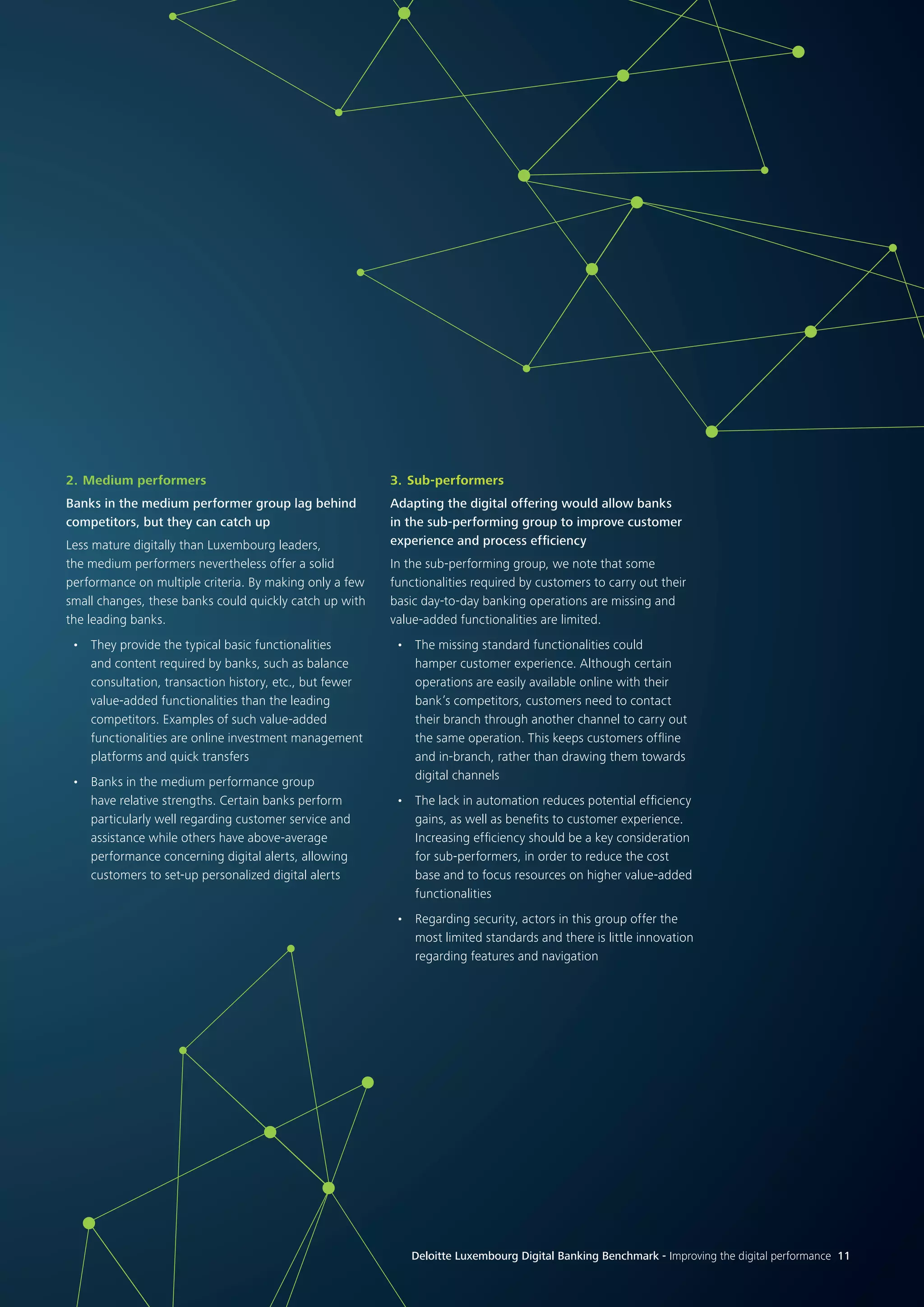 Deloitte Luxembourg Digital Banking Benchmark - Improving the digital performance 11
2.	Medium performers
Banks in the medium performer group lag behind
competitors, but they can catch up
Less mature digitally than Luxembourg leaders,
the medium performers nevertheless offer a solid
performance on multiple criteria. By making only a few
small changes, these banks could quickly catch up with
the leading banks.
•	 They provide the typical basic functionalities
and content required by banks, such as balance
consultation, transaction history, etc., but fewer
value-added functionalities than the leading
competitors. Examples of such value-added
functionalities are online investment management
platforms and quick transfers
•	 Banks in the medium performance group
have relative strengths. Certain banks perform
particularly well regarding customer service and
assistance while others have above-average
performance concerning digital alerts, allowing
customers to set-up personalized digital alerts
3.	Sub-performers
Adapting the digital offering would allow banks
in the sub-performing group to improve customer
experience and process efficiency
In the sub-performing group, we note that some
functionalities required by customers to carry out their
basic day-to-day banking operations are missing and
value-added functionalities are limited.
•	 The missing standard functionalities could
hamper customer experience. Although certain
operations are easily available online with their
bank’s competitors, customers need to contact
their branch through another channel to carry out
the same operation. This keeps customers offline
and in-branch, rather than drawing them towards
digital channels
•	 The lack in automation reduces potential efficiency
gains, as well as benefits to customer experience.
Increasing efficiency should be a key consideration
for sub-performers, in order to reduce the cost
base and to focus resources on higher value-added
functionalities
•	 Regarding security, actors in this group offer the
most limited standards and there is little innovation
regarding features and navigation
Deloitte Luxembourg Digital Banking Benchmark - Improving the digital performance 11
 