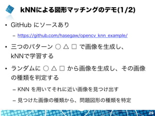kNNによる図形マッチングのデモ(1/2)
•  GitHub にソースあり
–  https://github.com/hasegaw/opencv_knn_example/
•  三つのパターン ○ △ □ で画像を生成し、
kNNで学習する
•  ランダムに ○ △ □ から画像を生成し、その画像
の種類を判定する
–  KNN を用いてそれに近い画像を見つけ出す
–  見つけた画像の種類から、答え（標本の種類）を特定
29
 