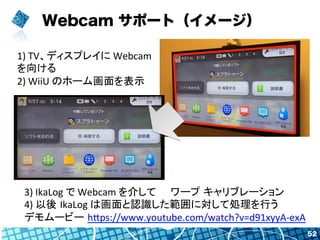 Webcam サポート（イメージ）
52
1)	
  TV、ディスプレイに	
  Webcam	
  
を向ける	
  
2)	
  WiiU	
  のホーム画面を表示	
  
3)	
  IkaLog	
  で	
  Webcam	
  を介して　　ワープ キャリブレーション	
  
4)	
  以後 IkaLog	
  は画面と認識した範囲に対して処理を行う	
  
デモムービー hAps://www.youtube.com/watch?v=d91xyyA-­‐exA	
  
	
  
 