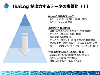 IkaLog が出力するデータの複雑化（１）
60
IkaLogの当初のスコープ	
  
・ステージ／ルール検出、勝敗（２択）	
  
・スクリーンショット保存	
追加された検出内容	
  
・目標（ガチホコ／ガチヤグラ）の位置検出	
  
・プレイヤーの死因（凶器）検出	
  
・時系列のスコア検出	
  
・プレイヤーのランク、所持金などの数値検出	
  
・全プレイヤーの生死ステータスのモニタリング	
  
・ロビー（パブリック／プライベート／タッグ）検出	
  
	
今後追加する（かもしれない）検出	
  
・コミュニケーション検出（ナイス／カモン）	
  
・スペシャル蓄積・利用検出	
  
・目標に対するチームのイベント	
  
 