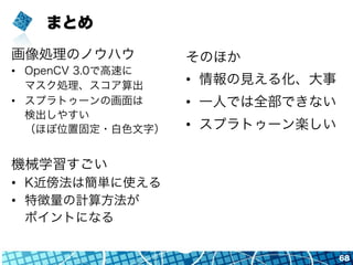 まとめ
68
画像処理のノウハウ
•  OpenCV 3.0で高速に
マスク処理、スコア算出
•  スプラトゥーンの画面は
検出しやすい
（ほぼ位置固定・白色文字）
機械学習すごい
•  K近傍法は簡単に使える
•  特徴量の計算方法が
ポイントになる
そのほか
•  情報の見える化、大事
•  一人では全部できない
•  スプラトゥーン楽しい
 