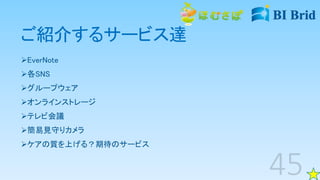 ご紹介するサービス達
EverNote
各SNS
グループウェア
オンラインストレージ
テレビ会議
簡易見守りカメラ
ケアの質を上げる？期待のサービス
 