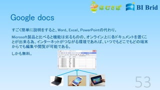Google docs
すごく簡単に説明をすると、Word、Excel、PowerPointの代わり。
Microsoft製品と比べると機能は劣るものの、オンライン上に各ドキュメントを置くこ
とが出来る為、インターネットがつながる環境であれば、いつでもどこでもどの端末
からでも編集や閲覧が可能である。
しかも無料。
 