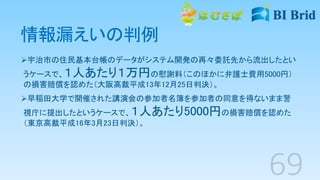 情報漏えいの判例
宇治市の住民基本台帳のデータがシステム開発の再々委託先から流出したとい
うケースで、１人あたり１万円の慰謝料（このほかに弁護士費用5000円）
の損害賠償を認めた（大阪高裁平成13年12月25日判決）。
早稲田大学で開催された講演会の参加者名簿を参加者の同意を得ないまま警
視庁に提出したというケースで、１人あたり5000円の損害賠償を認めた
（東京高裁平成16年3月23日判決）。
 
