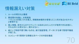 情報漏えい対策
1. ルールの明文化と徹底
2. 最低限の知識と、対策実施
→ウィルス対策ソフトの導入、情報格納場所の管理（どこに何があるかをキチン
と管理する）
3. 個人情報、来年からはマイナンバーは決められた人だけが使用できる状態に。
それ以外には見せない、使わせない。
4. 紙にして特段不便で無いものは、紙で施錠管理。データにする事で管理不徹底
が起こる。
5. コンピュータで管理する情報は次ページの内容を徹底
 