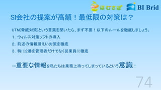 SI会社の提案が高額！最低限の対策は？
UTM(脅威対策)という言葉を聞いたら、まず不要！以下のルールを徹底しましょう。
１．ウィルス対策ソフトの導入
２．前述の情報漏えい対策を徹底
３．特に２番を管理者だけでなく従業員に徹底
→重要な情報を私たちは業務上持ってしまっているという意識！
 