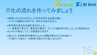 IT化の流れを作ってみましょう
無理にiPadなどのタブレットを利活用する必要は無し。
→ソフトや機械は手段です。目的ではありません。
専門家の身近な支援を求めましょう。
→一事業者で考えず、事業者が集まり、そこにIT屋を呼びましょう。もし相談料など
のコストが発生しても、分散負担できます。
進んでいる事業者(同業者)さんから情報を集められる仕組みへ
→IT屋がいう事より、同業者の話の方が役に立ちます。
 