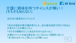 先日のIT業界向けイベントで
「自分の祖母が要介護状態でした。自分達の技術で何かできると
か考えたことが無かった」
「そもそも情報がどこにあるかわからなかった」
介護のイベントがある事を知っているかという質問に対して
「全く知らなかった」「探したことが無い」etc
介護に興味を持つチャンスが無い！
(そもそも知らない)
 