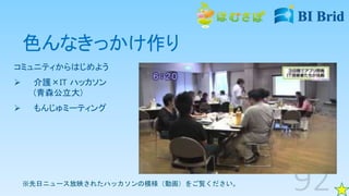 色んなきっかけ作り
コミュニティからはじめよう
 介護×IT ハッカソン
(青森公立大)
 もんじゅミーティング
※先日ニュース放映されたハッカソンの模様（動画）をご覧ください。
 