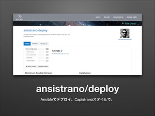 ansistrano/deploy
Ansibleでデプロイ。Capistranoスタイルで。
 