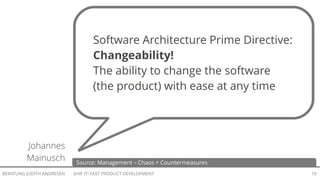 SHIP IT! FAST PRODUCT DEVELOPMENTBERATUNG JUDITH ANDRESEN 18
HAVE THE CRUCIAL CONVERSATION
_ On one level
_ Appreciating
_ Demanding for simplicity
 