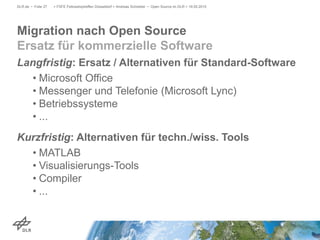 Langfristig: Ersatz / Alternativen für Standard-Software
• Microsoft Office
• Messenger und Telefonie (Microsoft Lync)
• Betriebssysteme
• ...
Kurzfristig: Alternativen für techn./wiss. Tools
• MATLAB
• Visualisierungs-Tools
• Compiler
• ...
> FSFE Fellowshiptreffen Düsseldorf > Andreas Schreiber • Open Source im DLR > 19.05.2015DLR.de • Folie 27
Migration nach Open Source
Ersatz für kommerzielle Software
 