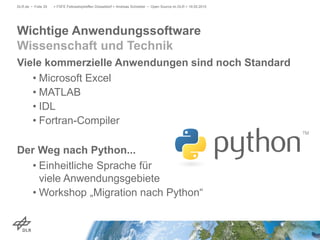 Viele kommerzielle Anwendungen sind noch Standard
• Microsoft Excel
• MATLAB
• IDL
• Fortran-Compiler
Der Weg nach Python...
• Einheitliche Sprache für
viele Anwendungsgebiete
• Workshop „Migration nach Python“
> FSFE Fellowshiptreffen Düsseldorf > Andreas Schreiber • Open Source im DLR > 19.05.2015DLR.de • Folie 29
Wichtige Anwendungssoftware
Wissenschaft und Technik
 