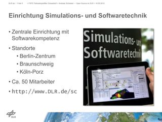 Einrichtung Simulations- und Softwaretechnik
DLR.de • Folie 5 > FSFE Fellowshiptreffen Düsseldorf > Andreas Schreiber • Open Source im DLR > 19.05.2015
• Zentrale Einrichtung mit
Softwarekompetenz
• Standorte
• Berlin-Zentrum
• Braunschweig
• Köln-Porz
• Ca. 50 Mitarbeiter
• http://www.DLR.de/sc
 