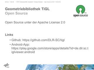 Open Source unter der Apache License 2.0
Links
• Github: https://github.com/DLR-SC/tigl
• Android-App:
https://play.google.com/store/apps/details?id=de.dlr.sc.t
iglviewer.android
> FSFE Fellowshiptreffen Düsseldorf > Andreas Schreiber • Open Source im DLR > 19.05.2015DLR.de • Folie 58
Geometriebibliothek TiGL
Open Source
 