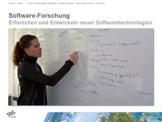 Software-Forschung
Erforschen und Entwickeln neuer Softwaretechnologien
DLR.de • Folie 6 > FSFE Fellowshiptreffen Düsseldorf > Andreas Schreiber • Open Source im DLR > 19.05.2015
 