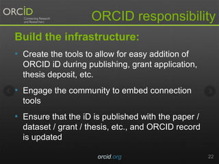 ORCID responsibility
Build the infrastructure:
• Create the tools to allow for easy addition of
ORCID iD during publishing, grant application,
thesis deposit, etc.
• Engage the community to embed connection
tools
• Ensure that the iD is published with the paper /
dataset / grant / thesis, etc., and ORCID record
is updated
orcid.org 22
 