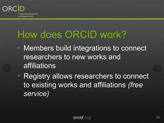 How does ORCID work?
• Members build integrations to connect
researchers to new works and
affiliations
• Registry allows researchers to connect
to existing works and affiliations (free
service)
orcid.org 34
 