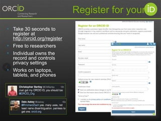 • Take 30 seconds to
register at
http://orcid.org/register
• Free to researchers
• Individual owns the
record and controls
privacy settings
• Works on laptops,
tablets, and phones
Register for your
 