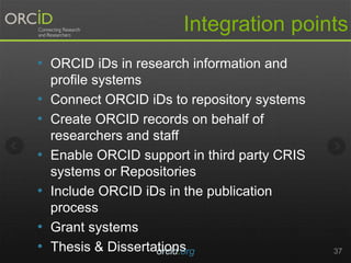• ORCID iDs in research information and
profile systems
• Connect ORCID iDs to repository systems
• Create ORCID records on behalf of
researchers and staff
• Enable ORCID support in third party CRIS
systems or Repositories
• Include ORCID iDs in the publication
process
• Grant systems
• Thesis & Dissertationsorcid.org 37
Integration points
 