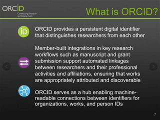 7
What is ORCID?
ORCID provides a persistent digital identifier
that distinguishes researchers from each other
Member-built integrations in key research
workflows such as manuscript and grant
submission support automated linkages
between researchers and their professional
activities and affiliations, ensuring that works
are appropriately attributed and discoverable
ORCID serves as a hub enabling machine-
readable connections between identifiers for
organizations, works, and person IDs
 