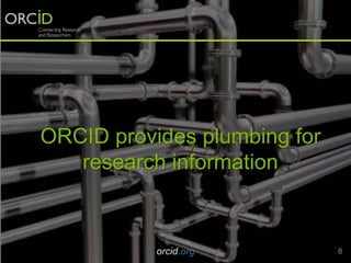 ORCID provides plumbing for
research information
orcid.org 8
 
