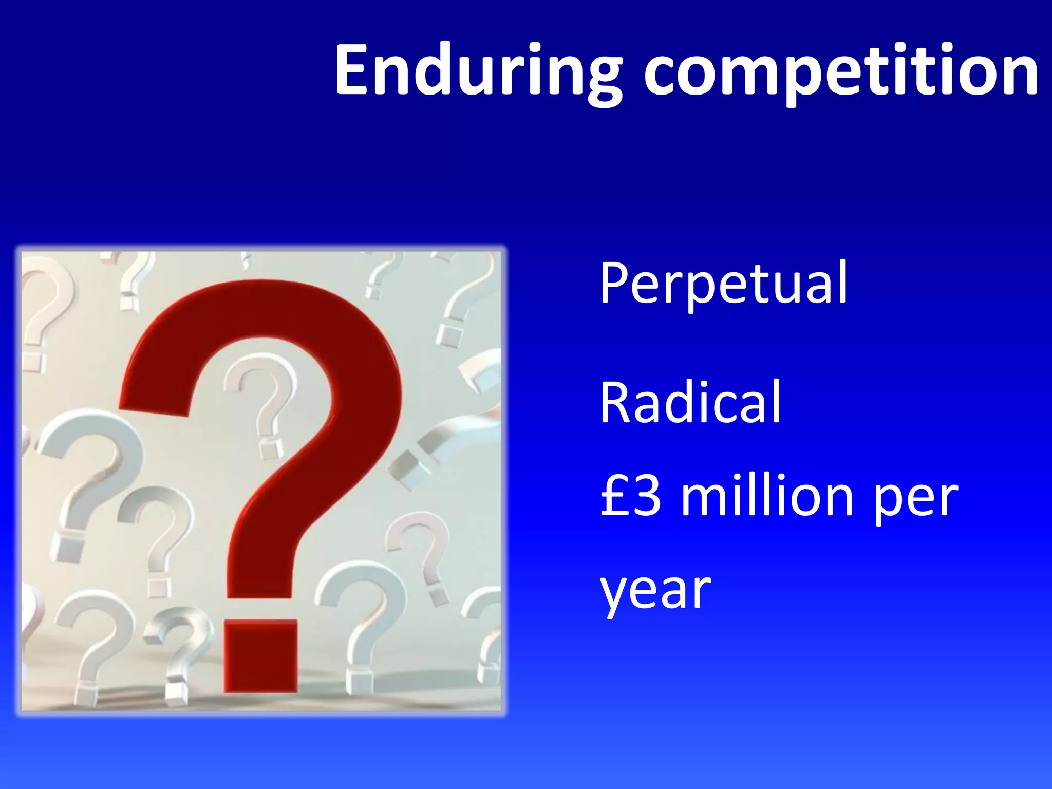 Enduring competition
Perpetual
Radical
£3 million per
year
 
