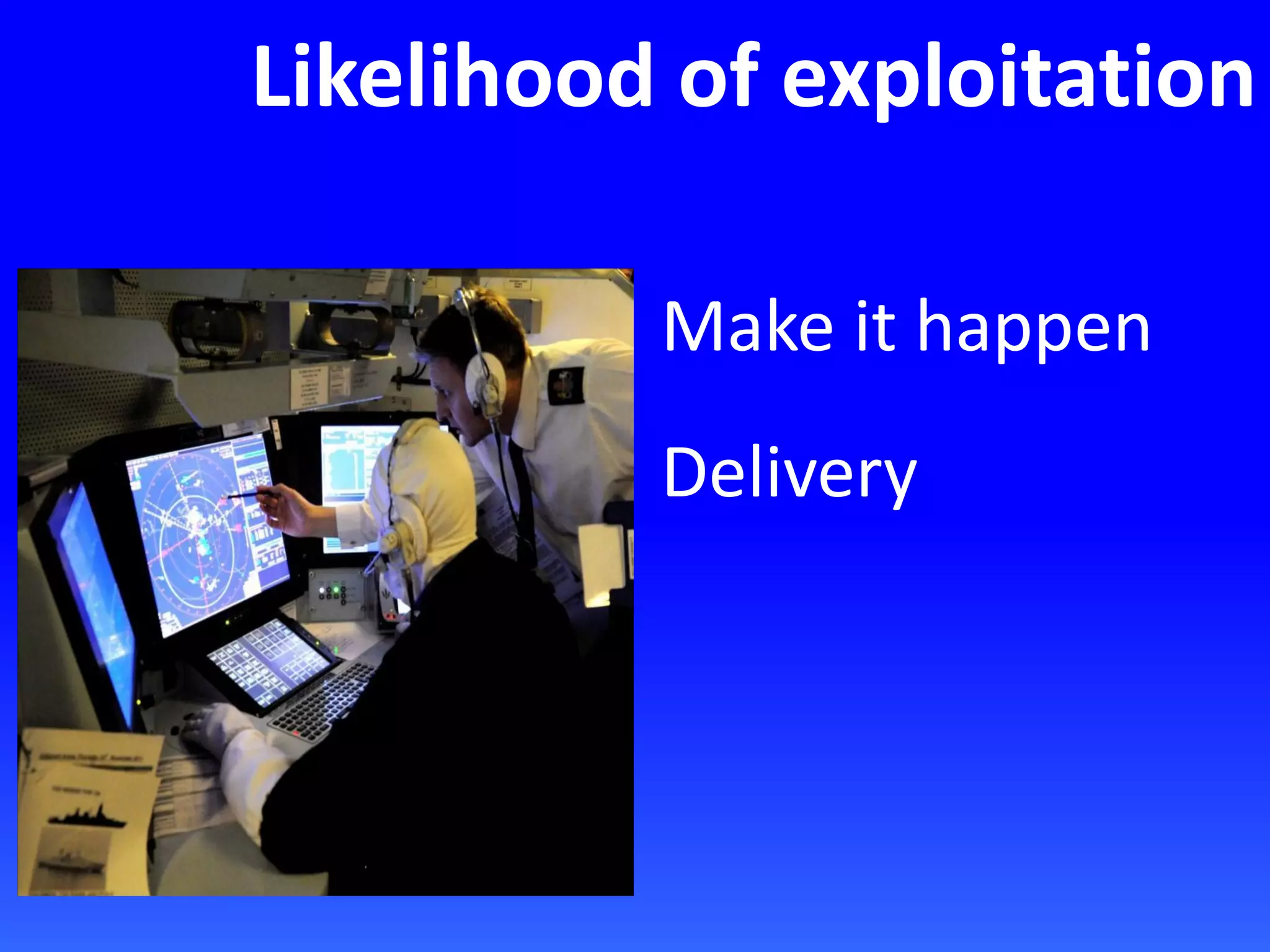 Likelihood of exploitation
Make it happen
Delivery
 