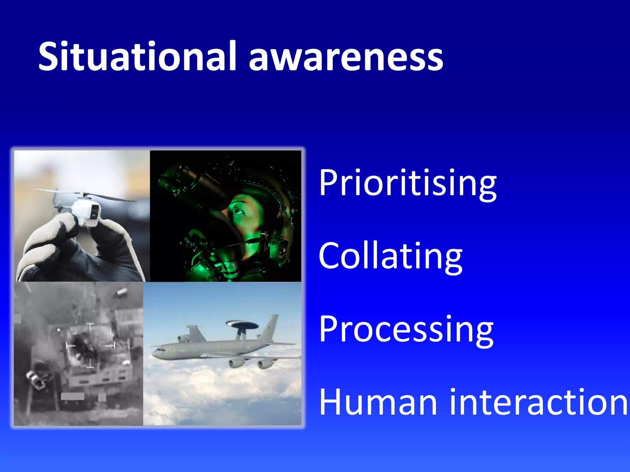 Situational awareness
Prioritising
Collating
Processing
Human interaction
 