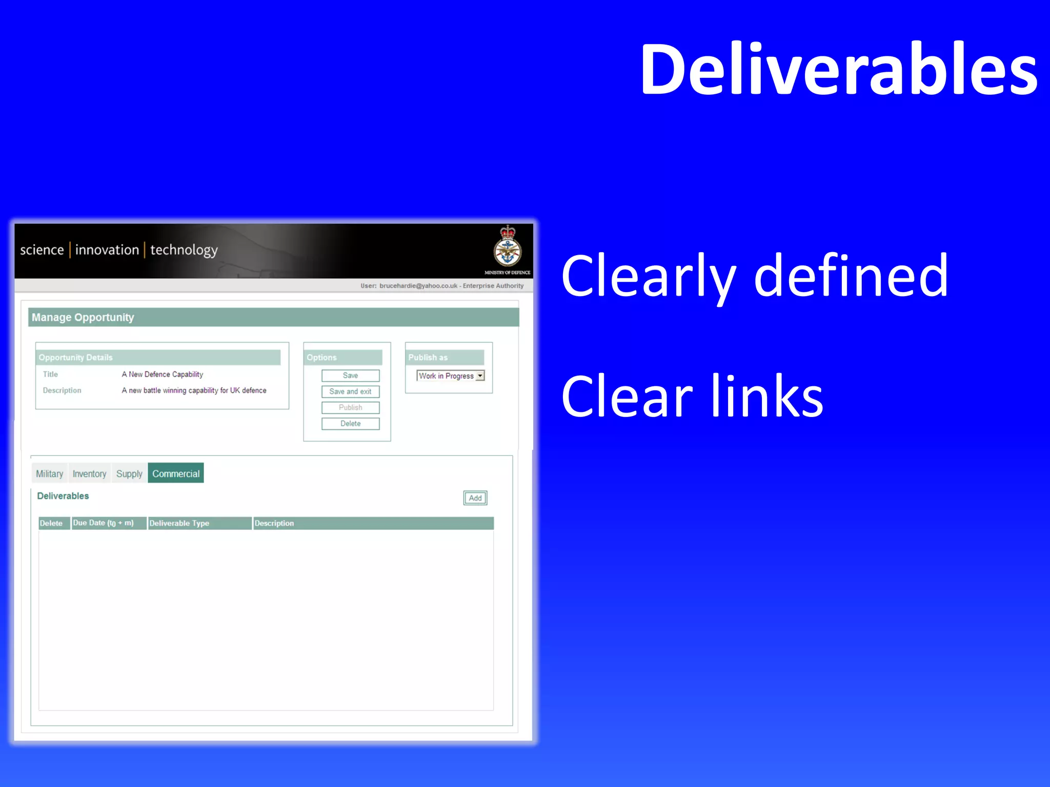 Deliverables
Clearly defined
Clear links
 