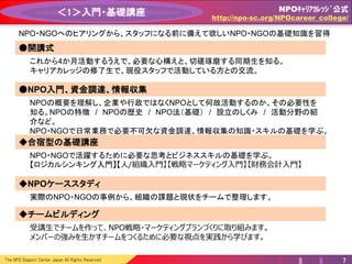 The NPO Support Center Japan All Rights Reserved 7
＜1＞入門・基礎講座
これから4か月活動するうえで、必要な心構えと、切磋琢磨する同期生を知る。
キャリアカレッジの修了生で、現役スタッフで活動している方との交流。
●開講式
NPO・NGOへのヒアリングから、スタッフになる前に備えて欲しいNPO・NGOの基礎知識を習得
NPOの概要を理解し、企業や行政ではなくNPOとして何故活動するのか、その必要性を
知る。NPOの特徴 / NPOの歴史 / NPO法（基礎） / 設立のしくみ / 活動分野の紹
介など。
NPO・NGOで日常業務で必要不可欠な資金調達、情報収集の知識・スキルの基礎を学ぶ。
●NPO入門、資金調達、情報収集
NPO・NGOで活躍するために必要な思考とビジネススキルの基礎を学ぶ。
【ロジカルシンキング入門】【人/組織入門】【戦略マーケティング入門】【財務会計入門】
◆合宿型の基礎講座
実際のNPO・NGOの事例から、組織の課題と現状をチームで整理します。
◆NPOケーススタディ
受講生でチームを作って、NPO戦略・マーケティングプランづくりに取り組みます。
メンバーの強みを生かすチームをつくるために必要な視点を実践から学びます。
◆チームビルディング
NPOｷｬﾘｱｶﾚｯｼﾞ公式
http://npo-sc.org/NPOcareer_college/
 