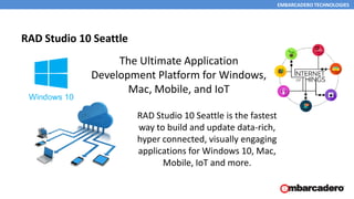 EMBARCADERO TECHNOLOGIES
RAD Studio 10 Seattle
2
The Ultimate Application
Development Platform for Windows,
Mac, Mobile, and IoT
RAD Studio 10 Seattle is the fastest
way to build and update data-rich,
hyper connected, visually engaging
applications for Windows 10, Mac,
Mobile, IoT and more.
 