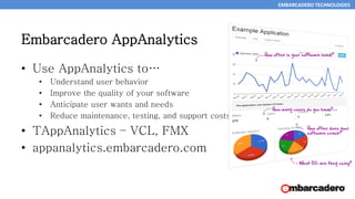 EMBARCADERO TECHNOLOGIES
Embarcadero AppAnalytics
• Use AppAnalytics to…
• Understand user behavior
• Improve the quality of your software
• Anticipate user wants and needs
• Reduce maintenance, testing, and support costs
• TAppAnalytics – VCL, FMX
• appanalytics.embarcadero.com
25
 