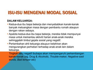 ISU-ISU MENGENAI MODAL SOSIAL
DALAM KELUARGA:
 Kedua-dua ibu bapa bekerja dan menyebabkan kanak-kanak
banyak meluangkan masa dengan pembantu rumah ataupun
dengan rakan sebaya.
 Apabila kedua-dua ibu bapa bekerja, mereka tidak mempunyai
masa untuk memantau aktiviti harian anak-anak mereka
sehinggalah timbul gejala sosial yang negatif.
 Pertambahan ahli keluarga ataupun kelahiran akan
mengurangkan perhatian terhadap anak-anak lain dalam
keluarga.
 Tingkah laku negatif ibubapa akan mempengaruhi perkembangan
kanak-kanak (eg. Drug & Alcoholic, Trouble-maker, Negative-said
words, Bad temper etc)
 