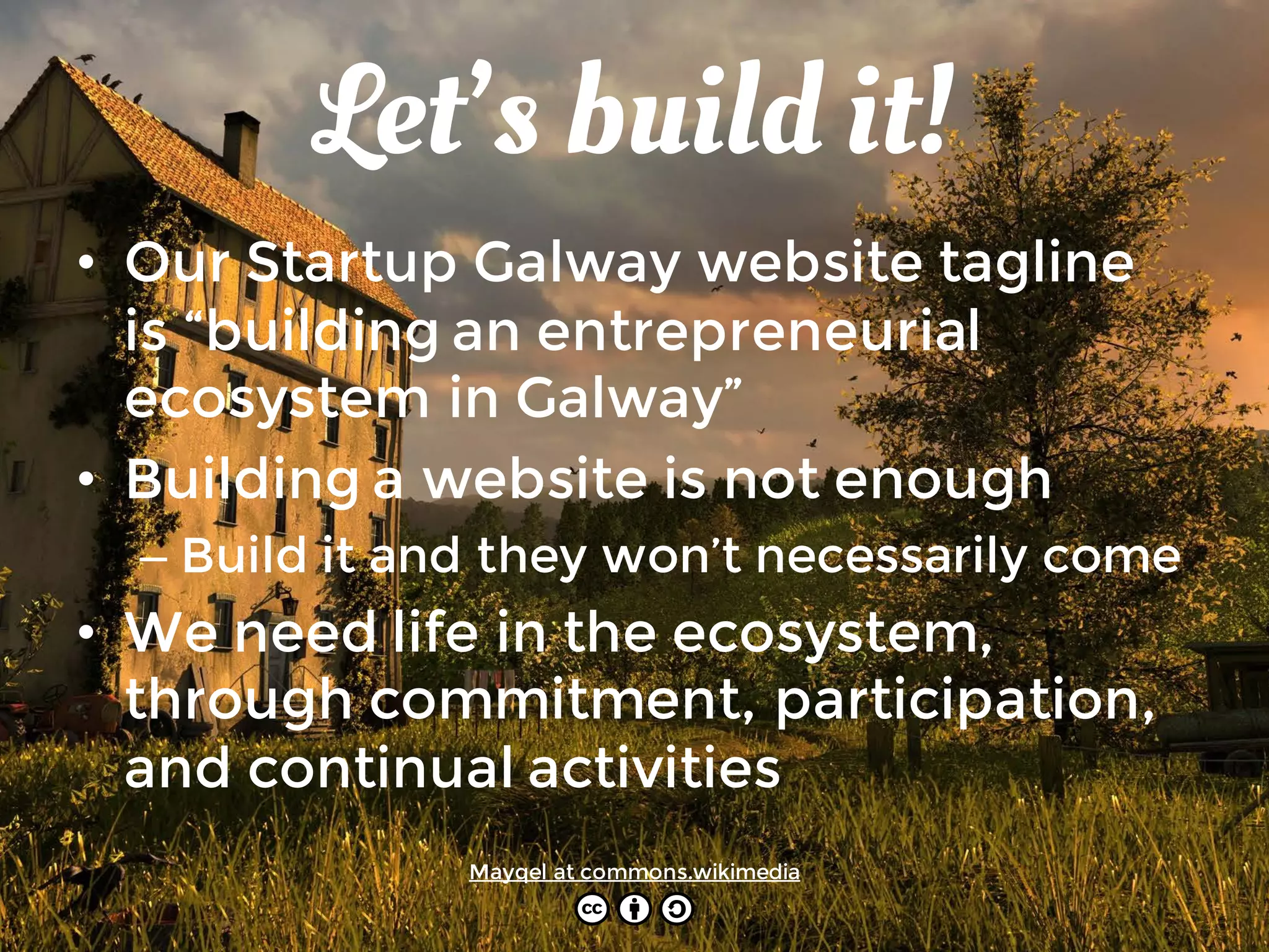 Let’s build it!
• Our Startup Galway website tagline
is “building an entrepreneurial
ecosystem in Galway”
• Building a website is not enough
– Build it and they won’t necessarily come
• We need life in the ecosystem,
through commitment, participation,
and continual activities
Mayqel at commons.wikimedia
 