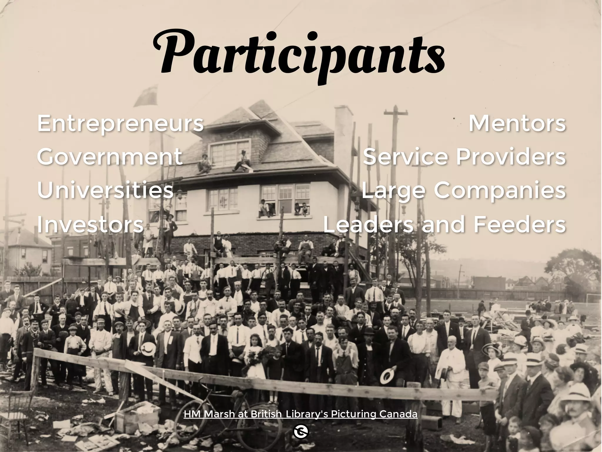 Participants
Entrepreneurs
Government
Universities
Investors
Mentors
Service Providers
Large Companies
Leaders and Feeders
HM Marsh at British Library's Picturing Canada
 