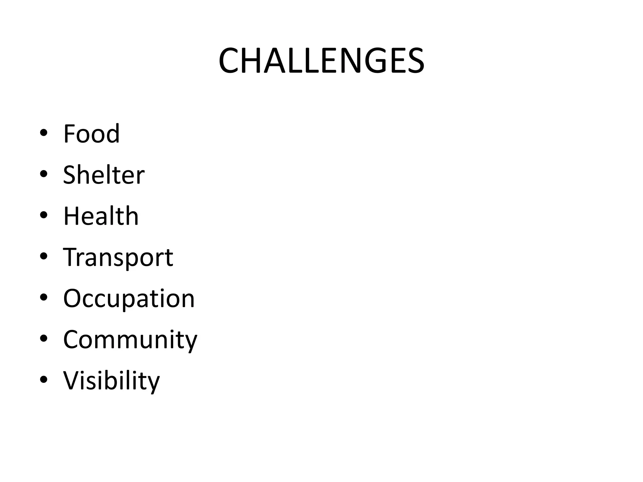CHALLENGES
• Food
• Shelter
• Health
• Transport
• Occupation
• Community
• Visibility
 