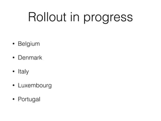 Rollout in progress
• Belgium
• Denmark
• Italy
• Luxembourg
• Portugal
 