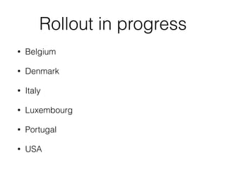 Rollout in progress
• Belgium
• Denmark
• Italy
• Luxembourg
• Portugal
• USA
 