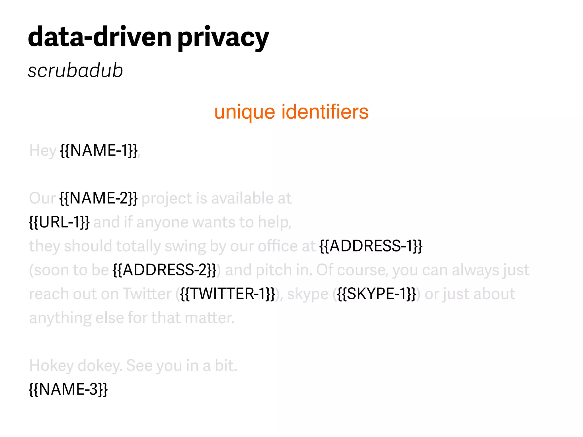 Hey {{NAME-1}},
Our {{NAME-2}} project is available at  
{{URL-1}} and if anyone wants to help, 
they should totally swing by our oﬃce at {{ADDRESS-1}} 
(soon to be {{ADDRESS-2}}) and pitch in. Of course, you can always just
reach out on Twitter ({{TWITTER-1}}), skype ({{SKYPE-1}}) or just about 
anything else for that matter.
Hokey dokey. See you in a bit. 
{{NAME-3}}
data-driven privacy
scrubadub
unique identiﬁers
 