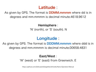 https://github.com/Safecast/bGeigieNanoKit/wiki/Nano-Operation-Manual
Latitude :
As given by GPS. The format is DDMM.mmmm where dd is in
degrees and mm.mmmm is decimal minute.4618.9612
Hemisphere :
'N' (north), or 'S' (south). N
Longitude :
As given by GPS. The format is DDDMM.mmmm where ddd is in
degrees and mm.mmmm is decimal minute.00658.4831
East/West :
'W' (west) or 'E' (east) from Greenwich. E
 
