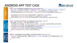 ANDROID APP TEST CASE
Selendroid in Action
Tests
Flow
Objects
Page
Objects
 