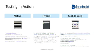 Testing In Action
Mobile WebHybridNative
Selendroid in Action
 