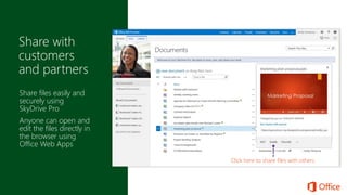 Share directly from Office
applications
Click here to share files with others
Share files easily and
securely using
SkyDrive Pro
Anyone can open and
edit the files directly in
the browser using
Office Web Apps
 