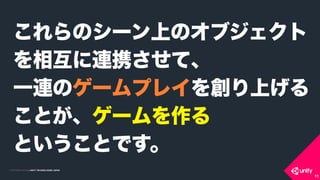 COPYRIGHT 2015 @ UNITY TECHNOLOGIES JAPANCOPYRIGHT 2014 @ UNITY TECHNOLOGIES JAPAN
11
これらのシーン上のオブジェクト 
を相互に連携させて、 
一連のゲームプレイを創り上げる 
ことが、ゲームを作る 
ということです。
 