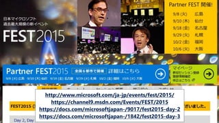 http://www.microsoft.com/ja-jp/events/fest/2015/
https://channel9.msdn.com/Events/FEST/2015
https://docs.com/microsoftjapan-/9017/fest2015-day-2
https://docs.com/microsoftjapan-/1842/fest2015-day-3
 