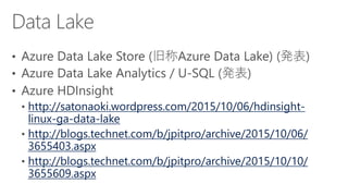 http://satonaoki.wordpress.com/2015/10/06/hdinsight-
linux-ga-data-lake
http://blogs.technet.com/b/jpitpro/archive/2015/10/06/
3655403.aspx
http://blogs.technet.com/b/jpitpro/archive/2015/10/10/
3655609.aspx
 