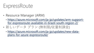 https://azure.microsoft.com/ja-jp/updates/arm-support-
for-expressroute-available-in-brazil-south-region-2/
https://azure.microsoft.com/ja-jp/updates/new-data-
plans-for-azure-expressroute/
 