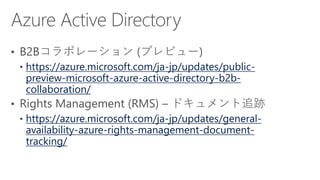 https://azure.microsoft.com/ja-jp/updates/public-
preview-microsoft-azure-active-directory-b2b-
collaboration/
https://azure.microsoft.com/ja-jp/updates/general-
availability-azure-rights-management-document-
tracking/
 